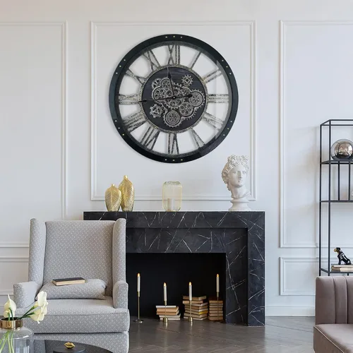 Vista 7 de Reloj de Pared de 24 Pulgadas con Engranajes en Movimiento, Relojes de Pared Grandes, Reloj para Decoración de Sala de Estar, Marco de Madera