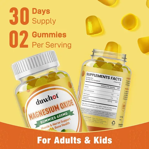 Vista 7 de Gomitas de óxido de magnesio de 400 mg, suplemento masticable de óxido de magnesio para adultos y niños, apoyo nervioso, muscular, óseo y cardíaco