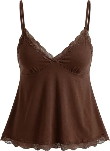 Vista 26 de SOLY HUX Tops tipo babydoll a rayas con encaje Y2K para mujer Negro (Black Polka Dots)