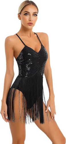 Vista 3 de Xnihocha Body de mujer con tirantes delgados y lentejuelas brillantes y flecos, para bailarín latino de jazz, ballet, bailarina latina