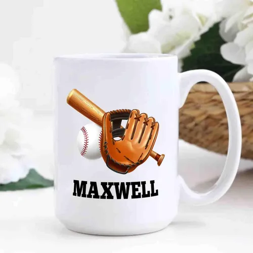 Vista 4 de Taza de café blanca de béisbol personalizada de 11 y 15 onzas, regalo para hombres, mujeres, entrenadores de equipo, niños, amantes del béisbol