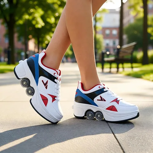 Vista 2 de Tenis unisex 2 en 1 para patinaje con ruedas retráctiles de doble fila de 4 ruedas para niños, adultos, hombres y mujeres, para interiores