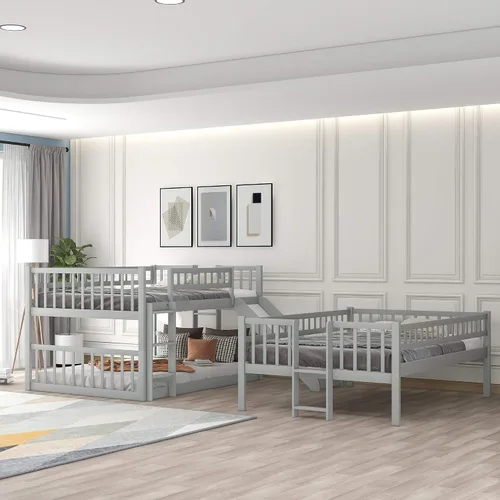 Vista 4 de Harper & Bright Designs Litera triple con tobogán, marco de cama triple matrimonial sobre matrimonial sobre cama matrimonial con escalera integrada