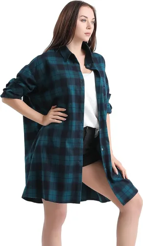 Vista 4 de AGO FTYxTRA Camisa pesada a cuadros para mujer, blusa de manga larga de talla grande, abrigos de novio con solapa