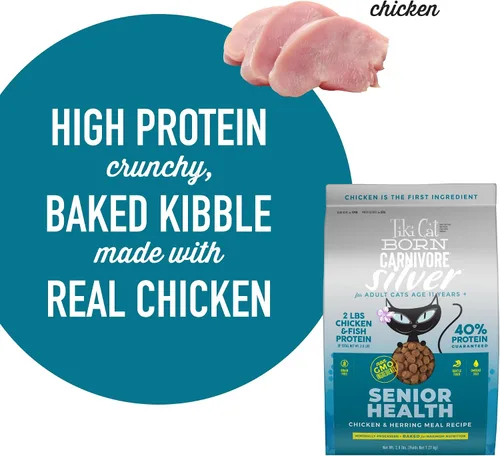 Vista 6 de Tiki Cat Born Carnivore Silver, Senior Health, Receta de comida de pollo y arenque, apoyo inmunológico con croquetas horneadas para maximizar