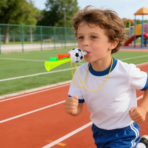 Vista 7 de BESPORTBLE 10 bocinas de estadio Vuvuzela, mini sonoras de plástico con cordón, trompetas de pelota de fútbol para juegos de fútbol, eventos