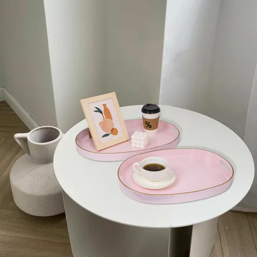 Vista 4 de MAONAME Juego de 2 bandejas decorativas rosadas, bandeja ovalada con asas