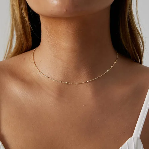 Vista 2 de Gargantilla chapada en oro de 14 quilates para mujer, delicada, cadena de monedas, gargantilla de iluminación simple, collares de espina de pescado