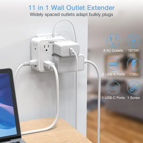 Vista 2 de Protector de sobretensiones Extensor de 8 salidas, TESSAN Divisor de múltiples enchufes con 3 cargadores de pared USB (1 USB C), tira