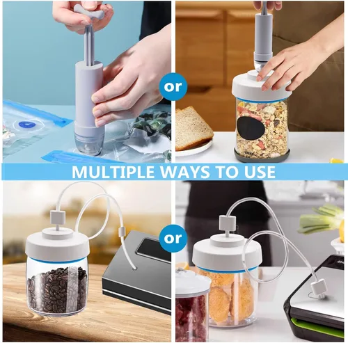 Vista 4 de Sellador al vacío para tarros Mason y manguera de accesorios compatible con sellador al vacío FoodSaver, bomba de mano portátil para frascos de boca