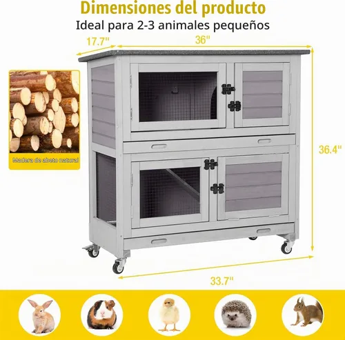 Vista 6 de Aivituvin Rabbit Hutch - Jaula de conejito para interiores y exteriores, 2 pisos, casa de mascotas, jaula de conejillo de indias con ruedas, 36 Gris