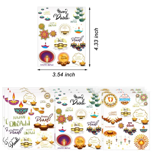 Vista 2 de Oringaga 390 tatuajes temporales para fiestas de Happy Diwali para niños, suministros de fiesta hindú de Diwali, suministros de fiesta, bolsas