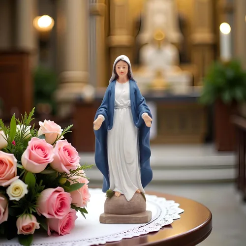 Vista 7 de Estatua de Nuestra Señora de Gracia – Figura de 8.5 pulgadas, decoración religiosa católica de resina para altar del hogar, mesa de oración, Azul