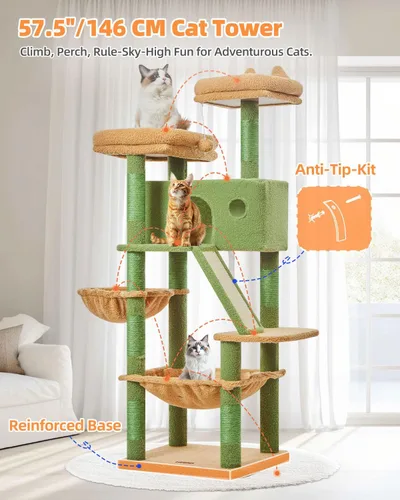 Vista 63 de Taoqimiao Árbol para gatos de 57.5 pulgadas, torre para gatos de interior para adultos, condominio extragrande para gatos, 8 postes rascadores