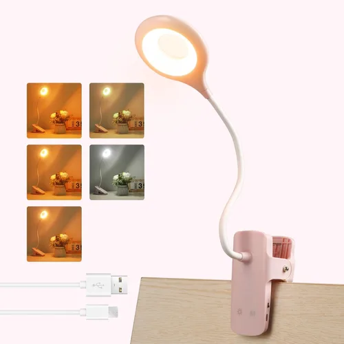 Vista 12 de Akynite Lámpara de escritorio LED con clip, 5 modos, 5 brillos regulables, luz de abrazadera regulable, batería recargable, lámpara de lectura