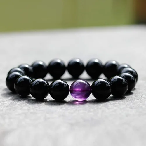 Vista 7 de Jewever Pulsera de obsidiana negra con ojo de tigre para hombre y mujer, cristal curativo elástico, cuentas de 0.472in, unisex, 7.0in