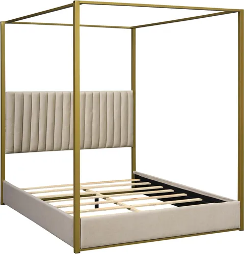 Vista 5 de Marco de cama moderno con dosel de 4 doseles, cama de plataforma de madera con cabecera tapizada, camas de plataforma de madera de bajo perfil
