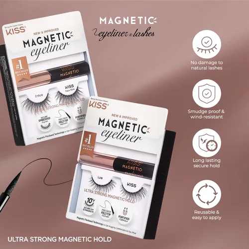 Vista 6 de KISS Pestañas postizas magnéticas y delineador de ojos, 'Lure', 12mm, fáciles de aplicar, reutilizables, sin pegamento, tecnología Flexiband, punta