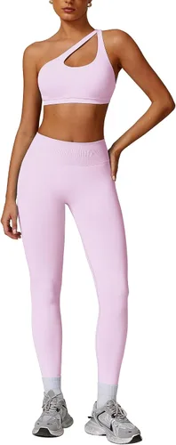Vista 8 de ABOCIW Conjuntos de Entrenamiento para Mujer, Leggings de Levantamiento de Glúteos sin Costuras de Cintura Alta, Bra Deportivo de Un Hombro