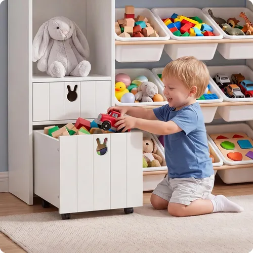 Vista 3 de Organizador de almacenamiento de juguetes para niños de 46.46 pulgadas de alto, baúl de juguetes con estante para libros, cubos de almacenamiento