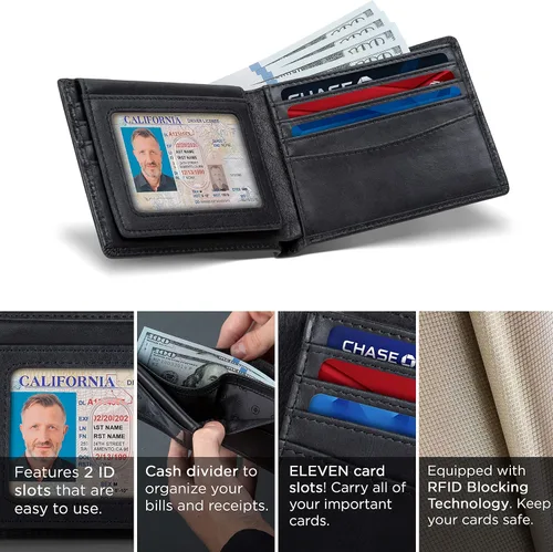 Vista 4 de SERMAN BRANDS Cartera de 2 ventanas de identificación para hombres con bloqueo RFID, tapa plegable, cartera de viaje de capacidad adicional