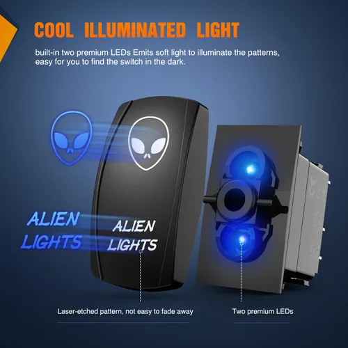 Vista 4 de Nilight Alien Lights interruptor basculante con barra de luz LED de 5 pines; láser de encendido/apagado; interruptores SPST 20 A/12 V, 10 A/24 V
