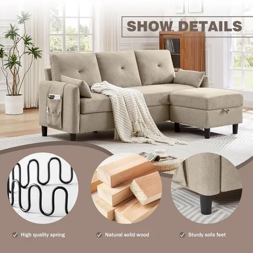 Vista 5 de Sofá Seccional Convertible, Sofá Pequeño en Forma de L de 77" de 3 Asientos con Chaise de Almacenamiento Reversible, Sofá Moderno de Tela