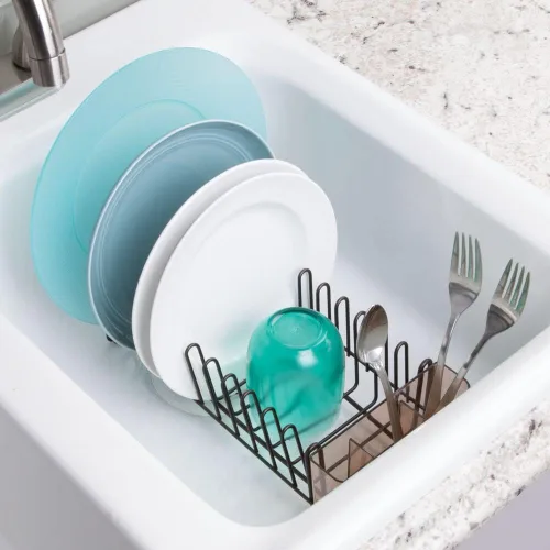 Vista 3 de mDesign Bandeja de platos – Práctico escurridor para fregadero – Gran escurridor – Hasta 12 platos y cubiertos – Bronce