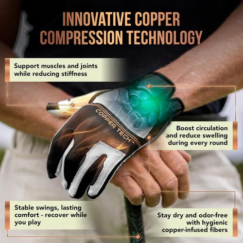 Vista 4 de Copper Tech Golf Gloves Men Right Handed Golfer Or Left Handed Golfer (2 Pack) Copper Compression Joint Support Flexible & Comfortable Fit with