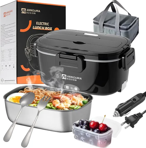 Vista 8 de Annie & Mia Design Lonchera eléctrica portátil de 50 onzas para adultos, calentador de alimentos portátil de doble contenedor, lonchera calentada