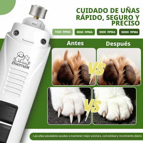 Vista 2 de Molinillo de uñas para perro, 4 velocidades, recargable, silencioso, eléctrico, recortador de uñas para mascotas con luces LED duales, protector