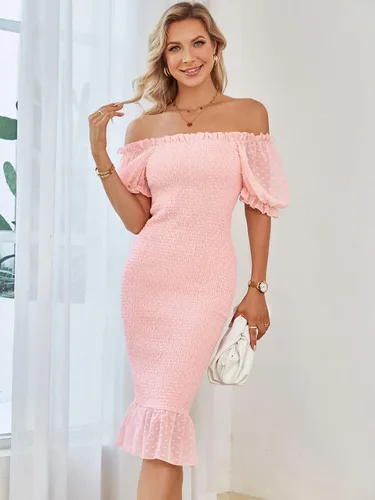 Vista 4 de SENFURE Vestido de verano para mujer, estilo casual, por debajo de la rodilla, fruncido, manga abombada, cuello cuadrado, volantes, vestido
