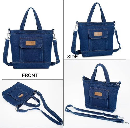 Vista 4 de Bolso de mano pequeño de mezclilla para mujer, bolso de hombro Hobo, bolso de lona casual, bolso cruzado, bolso de gran capacidad