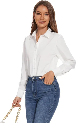 Vista 2 de YAMANMAN Camisas de vestir con botones para mujer, blusas de manga larga con cuello sin arrugas, blusas de trabajo sólidas Blanco