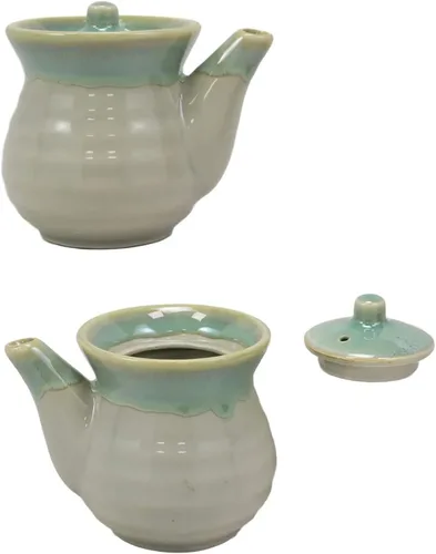 Vista 5 de JapanBargain 2733, Dispensador de salsa de soja tradicional japonés Tenmoku Pottery Shoyu, mini tetera, fabricado en Japón, 8 onzas, verde, 1 paquete