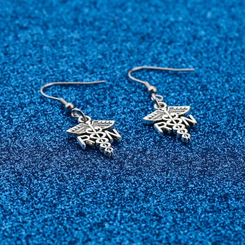 Vista 3 de WUSUANED Pendientes colgantes de gota para enfermera registrada RN Caduceus, joyería de enfermería, regalo de graduación para mujeres