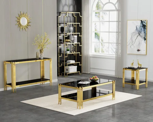 Vista 8 de SSLine Mesa de centro de cristal negro con marco de acero inoxidable dorado, mesa de centro rectangular de lujo de 2 niveles para sala de estar Café