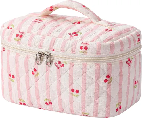 Vista 35 de uekeboag - Bolsa de maquillaje grande de viaje acolchada para mujer, neceser de algodón con estampado floral, neceser con estampado floral