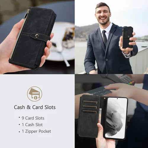 Vista 5 de UEEBAI Funda para iPhone XR, 9 ranuras para tarjetas, cartera de cuero retro, a prueba de golpes, con correa de mano, ranuras para tarjetas Negro