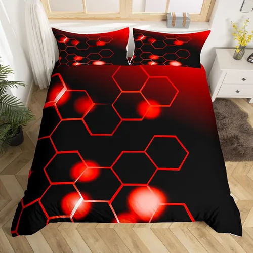 Vista 13 de Feelyou Juego de ropa de cama verde y negro tamaño individual para niños y adolescentes, juego de funda de edredón con temática hexagonal