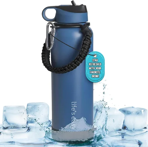 Vista 10 de Life's Easy Botella de agua aislada de acero inoxidable – Botella de agua deportiva con mango de bucle y tapa de popote de silicona biónico – Frasco