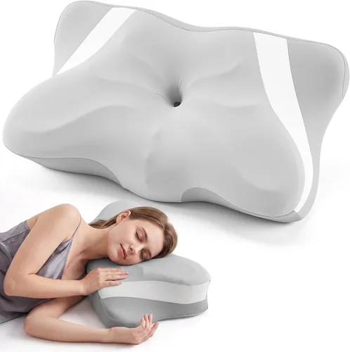 Vista 11 de OLIXIS Almohada cervical de contorno para aliviar el dolor de cuello, ergonómica de doble altura Azul