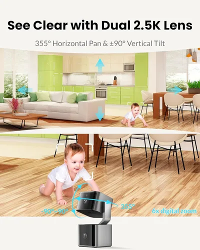 Vista 2 de Cámara de seguridad de doble lente para interiores 5G/2.4G WiFi, cámara para mascotas 2K+2K con inclinación panorámica para el hogar, monitor