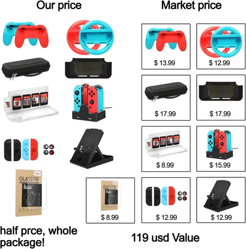 Vista 3 de Paquete de accesorios para Nintendo Switch kit con funda de transporte protector de pantalla base de carga soporte de juego compacto funda