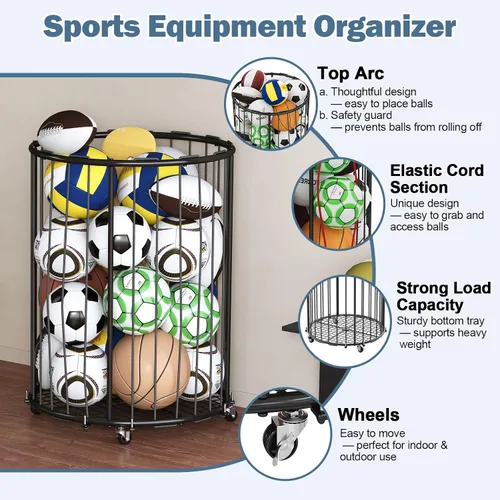 Vista 5 de Hencawima Garage Ball Storage: Round Sports Equipment Organizer with Wheels, Sports Ball Rack With Elastic Rope, Ball Holder for Basketball, Soccer