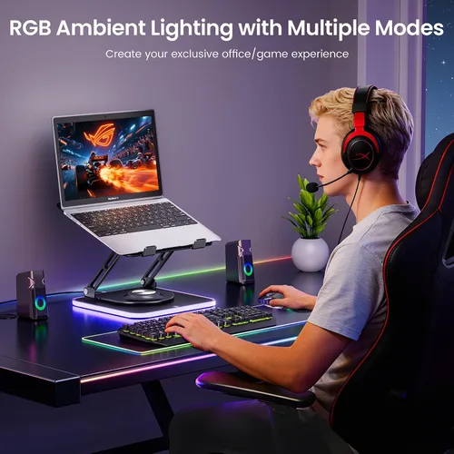 Vista 6 de Soporte para portátil RGB para escritorio, base giratoria de 360°, elevador ergonómico para laptop, soporte de aluminio ajustable en altura