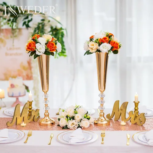 Vista 2 de Jarrón de trompeta de metal dorado, 2 jarrones altos de mesa para centros de mesa, 20.8 pulgadas, soporte de flores para bodas, cumpleaños
