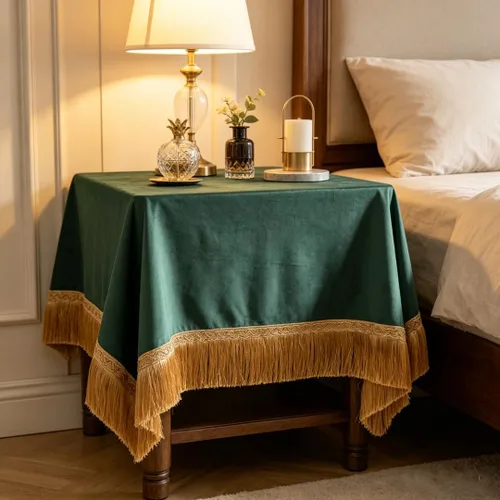 Vista 40 de F-CHU - Funda de terciopelo negro de lujo para mesita de noche con flecos dorados, mantel decorativo para mesita de noche, a prueba de polvo