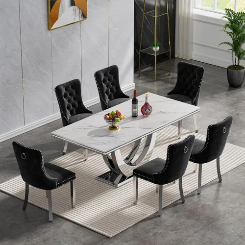 Vista 7 de Mesa de comedor blanca de 68 pulgadas para 4-6, mesa de cocina rectangular moderna con mesa de mármol sintético y base de acero inoxidable plateado