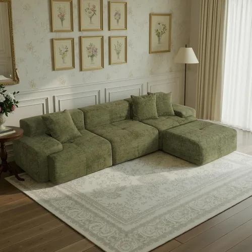 Vista 8 de Sofá modular modular en forma de L de 3 plazas con otomana móvil, tapicería de chenilla, estructura de espuma completa, sofá convertible sin hueso